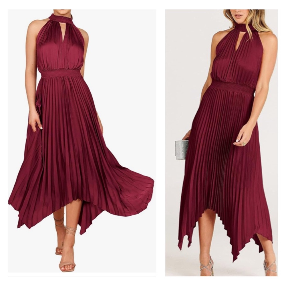 Red Sleeveless Pleated Skirt Asymmetrical Hem Satin Look Midi Dress
